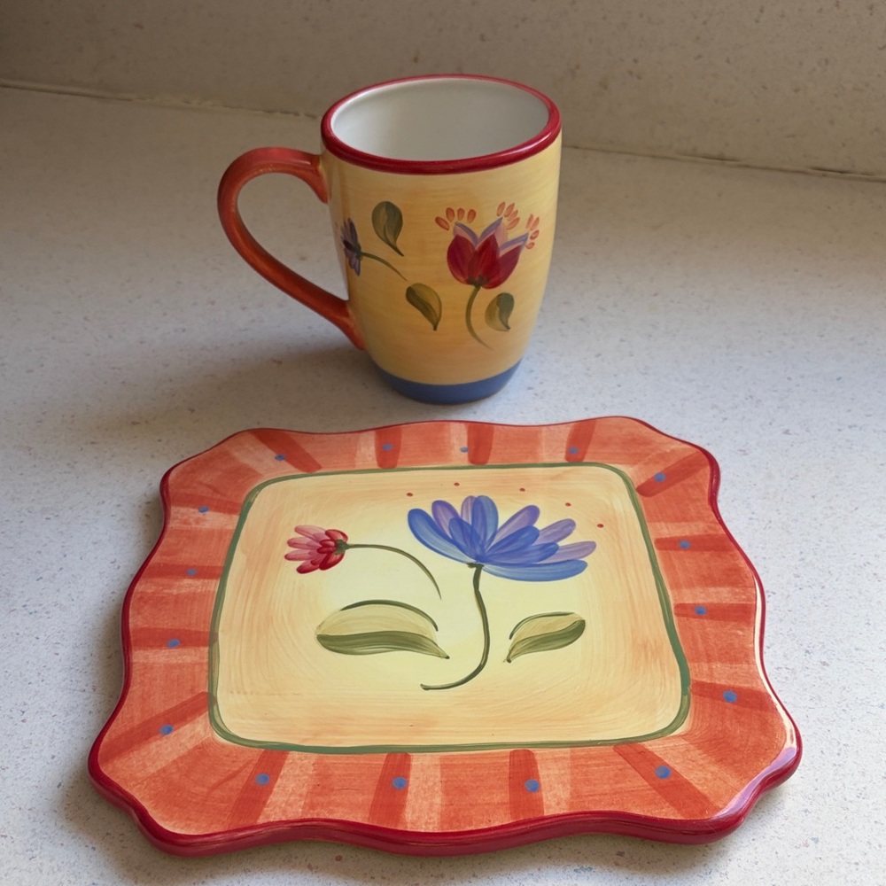 Pfaltzgraff Napoli Hand-Painted Mug and Plate/Trivet